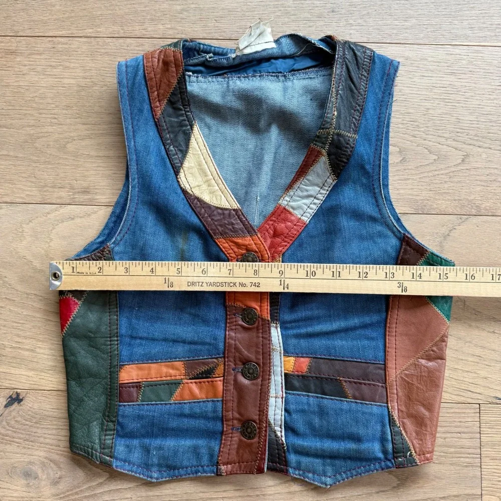 Vintage 70s Aura Denim Leather Patchwork 2 Piece Set Vest Flare Pants M 13/14 - Picture 6 of 12